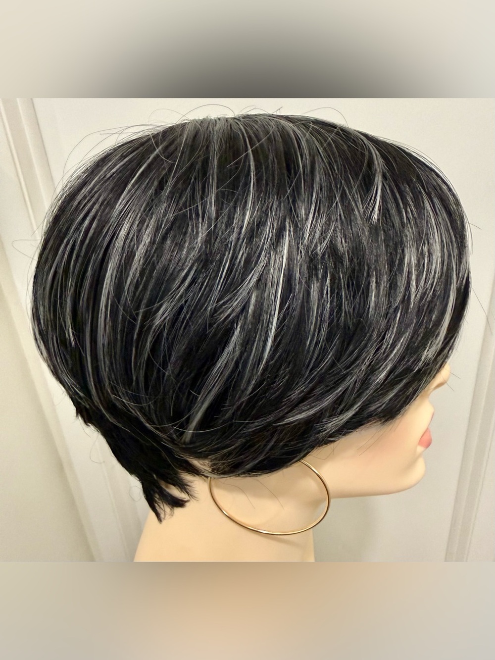 HAIR, Pixie with Nails, Long Bangs, Spiral Crown, Black with Silver highlights - Picture 2 of 10